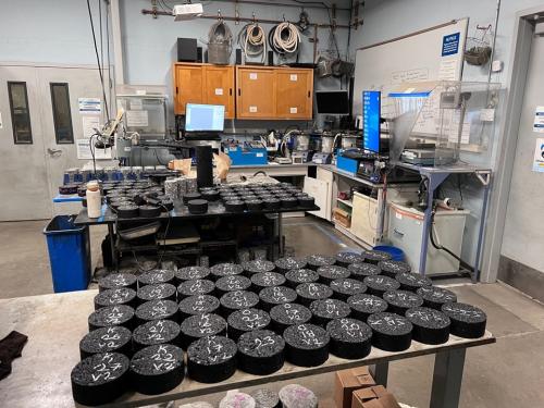 Compacted asphalt specimens prepared for mechanistic–empirical testing in the UCPRC laboratory.
